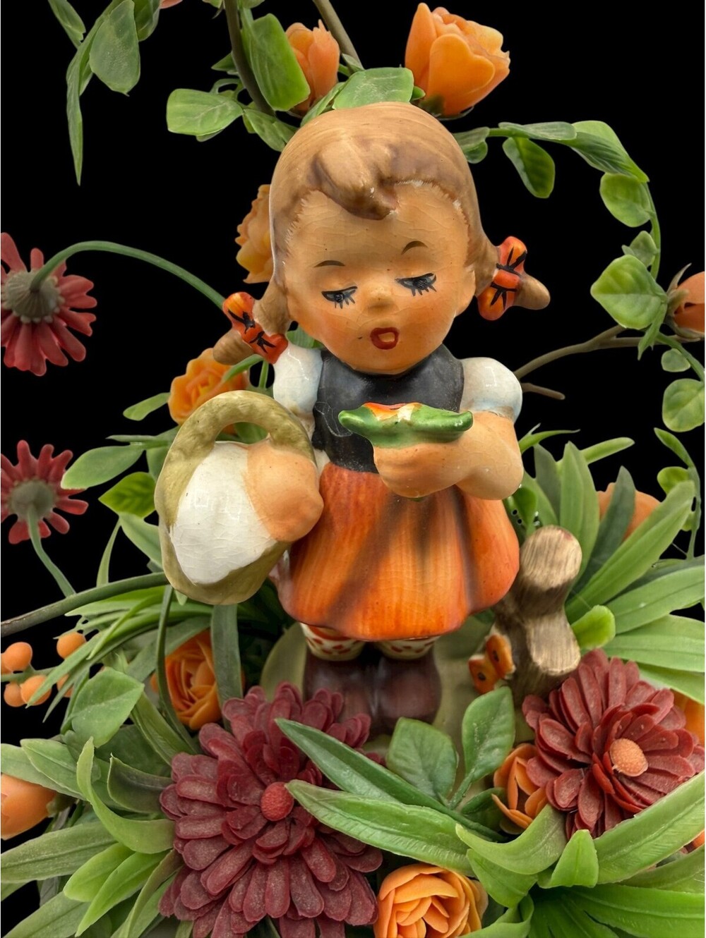 Vintage Hummell Ceramic Girl Figurine with Floral Arrangement